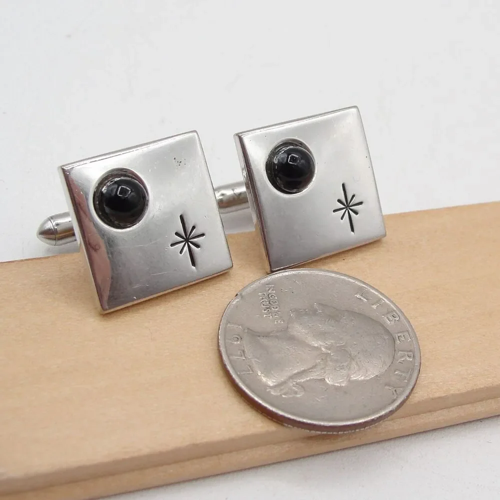 Vintage Swank Silver Tone Square Starburst Cufflinks Black Onyx Cabochon MCM